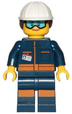 CTY1060:  Ground Crew Technician - Female, Dark Blue Jumpsuit, White Construction Helmet with Dark Brown Ponytail Hair, Light Blue Goggles