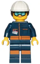 Minifigurka: CTY1060:  Ground Crew Technician - Female, Dark Blue Jumpsuit, White Construction Helmet with Dark Brown Ponytail Hair, Light Blue Goggles
