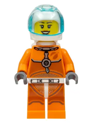 CTY1065:  Astronaut - Female, Orange Spacesuit with Dark Bluish Gray Lines, Trans-Light Blue Visor, Open Mouth Smile