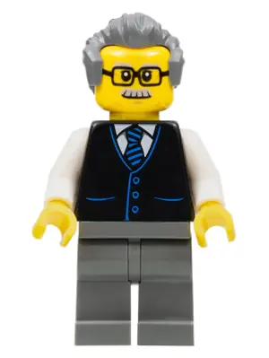 CTY1070:  Launch Director - Male, Black Vest with Blue Striped Tie, Dark Bluish Gray Legs, Dark Bluish Gray Hair, Glasses and Moustache