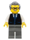 Minifigurka: CTY1070:  Launch Director - Male, Black Vest with Blue Striped Tie, Dark Bluish Gray Legs, Dark Bluish Gray Hair, Glasses and Moustache