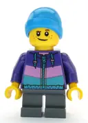 Minifigurka: CTY1081:  Boy - Dark Purple Jacket, Dark Bluish Gray Short Legs, Dark Azure Beanie