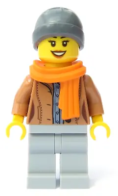 CTY1085:  Customer - Female, Medium Nougat Jacket, Light Bluish Gray Legs, Dark Bluish Gray Beanie, Orange Scarf
