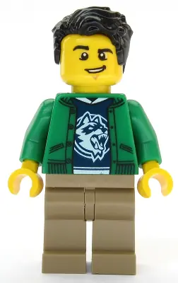CTY1086:  Ski Shop Clerk - Male, Green Jacket over Raccoon Shirt, Black Hair