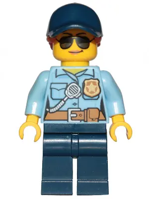 CTY1090:  Police - City Officer Female, Bright Light Blue Shirt with Badge and Radio, Dark Blue Legs, Dark Blue Cap with Dark Orange Ponytail, Sunglasses