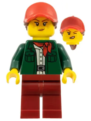 CTY1099:  Safari Tourist - Female, Dark Green Jacket, Dark Red Legs, Red Ball Cap with Reddish Brown Ponytail