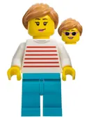 Minifigurka: CTY1101:  Automobile Buyer - Female, White Sweater with Red Horizontal Stripes, Medium Azure Legs, Medium Nougat Hair with Ponytail, Sunglasses