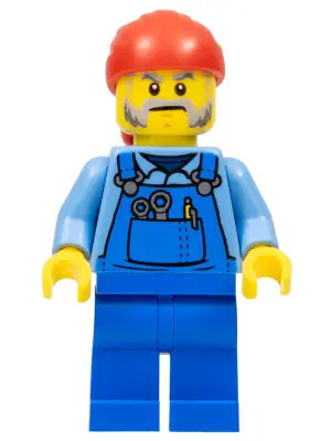 CTY1103:  Tow Truck Driver - Male, Blue Overalls over Medium Blue Shirt, Blue Legs, Red Bandana, Beard, Back Print