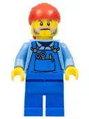 Minifigurka: CTY1103:  Tow Truck Driver - Male, Blue Overalls over Medium Blue Shirt, Blue Legs, Red Bandana, Beard, Back Print