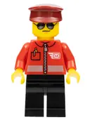 Minifigurka: CTY1106:  Post Office - Airmail Letter Logo and Red Jacket with Zipper, Dark Red Hat, Black Legs, Sunglasses