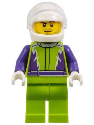 CTY1107:  Monster Truck Driver, Lime Legs and Jacket with Purple Flames and Arms, White Helmet