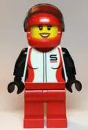 Minifigurka: CTY1109:  Race Car Driver, Female, Red and White Racing Jacket, Red Helmet and Legs
