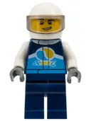 Minifigurka: CTY1110:  Race Car Driver, Male, Dark Blue 'Octan E' Racing Jacket and Legs, White Helmet