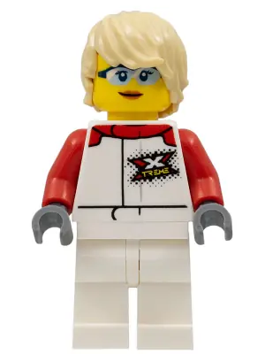 CTY1111:  Race Boat Truck Driver - Female, White and Red Racing Suit with 'XTREME' Logo, White Legs, Tan Tousled Hair, Safety Glasses