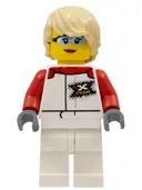 Minifigurka: CTY1111:  Race Boat Truck Driver - Female, White and Red Racing Suit with 'XTREME' Logo, White Legs, Tan Tousled Hair, Safety Glasses