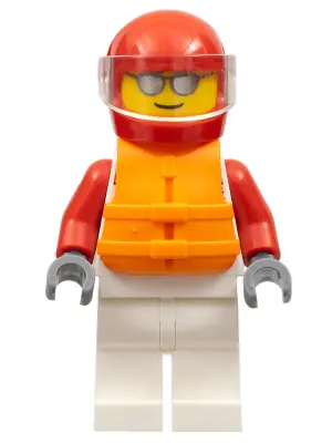 CTY1112:  Race Boat Driver - Male, White and Red Racing Suit with 'XTREME' Logo, White Legs, Red Helmet, Trans-Clear Visor, Orange Life Jacket, Sunglasses