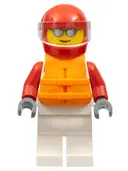 Minifigurka: CTY1112:  Race Boat Driver - Male, White and Red Racing Suit with 'XTREME' Logo, White Legs, Red Helmet, Trans-Clear Visor, Orange Life Jacket, Sunglasses
