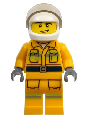 CTY1114:  Fire - Reflective Stripes, Bright Light Orange Suit, White Helmet, Crooked Grin