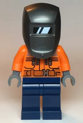 CTY1115:  Welder - Male, Orange Safety Jacket, Reflective Stripe, Sand Blue Hoodie, Dark Blue Legs, Black Helmet, Pearl Dark Gray Welding Visor