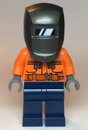 Minifigurka: CTY1115:  Welder - Male, Orange Safety Jacket, Reflective Stripe, Sand Blue Hoodie, Dark Blue Legs, Black Helmet, Pearl Dark Gray Welding Visor