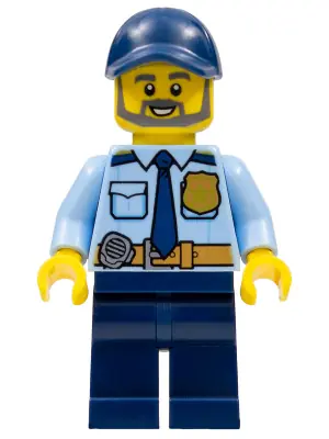 CTY1120:  Police - City Officer Shirt with Dark Blue Tie and Gold Badge, Dark Tan Belt with Radio, Dark Blue Legs, Dark Blue Cap, Full Beard