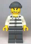 Minifigurka: CTY1122:  Police - Jail Prisoner 50380 Prison Stripes, Stubble, Dark Bluish Gray Knit Cap