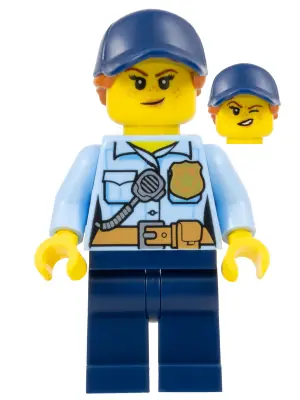 CTY1125:  Police - City Officer Female, Bright Light Blue Shirt with Badge and Radio, Dark Blue Legs, Dark Blue Cap with Dark Orange Ponytail, Freckles
