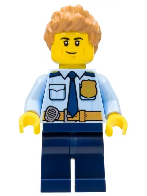 CTY1126:  Police - City Officer Shirt with Dark Blue Tie and Gold Badge, Dark Tan Belt with Radio, Dark Blue Legs, Medium Nougat Spiked Hair