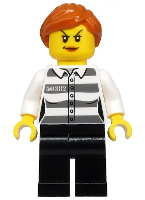 CTY1129:  Police - Jail Prisoner 50382 Prison Stripes, Female, Black Legs, Scowl with Dark Orange Lips, Orange Ponytail