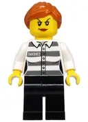 Minifigurka: CTY1129:  Police - Jail Prisoner 50382 Prison Stripes, Female, Black Legs, Scowl with Dark Orange Lips, Orange Ponytail
