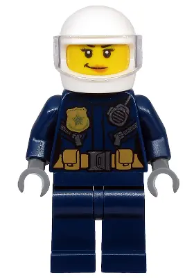 CTY1132:  Police - ATV Driver Female, Leather Jacket with Gold Badge and Utility Belt, White Helmet, Trans-Clear Visor, Nougat Lips Smirk