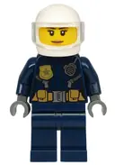 Minifigurka: CTY1134:  Police - City Motorcyclist Female, Leather Jacket with Gold Badge and Utility Belt, White Helmet, Trans-Clear Visor, Nougat Lips