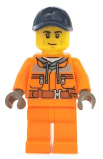 CTY1140:  Street Sweeper Operator - Male, Orange Safety Jacket, Reflective Stripe, Sand Blue Hoodie, Orange Legs, Dark Blue Cap with Hole, Smirk