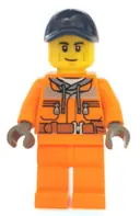 Minifigurka: CTY1140:  Street Sweeper Operator - Male, Orange Safety Jacket, Reflective Stripe, Sand Blue Hoodie, Orange Legs, Dark Blue Cap with Hole, Smirk