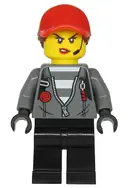 Minifigurka: CTY1142:  Police - Jail Prisoner Jacket over Prison Stripes, Female, Black Legs, Red Ball Cap with Reddish Brown Ponytail