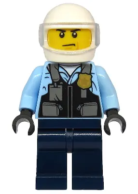 CTY1143:  Police - City Motorcyclist, Safety Vest with Police Badge, Dark Blue Legs, White Helmet, Trans-Clear Visor