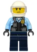Minifigurka: CTY1143:  Police - City Motorcyclist, Safety Vest with Police Badge, Dark Blue Legs, White Helmet, Trans-Clear Visor