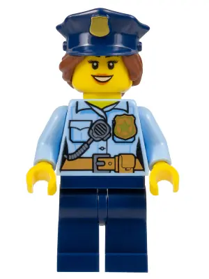 CTY1146:  Police - City Officer Female, Bright Light Blue Shirt with Badge and Radio, Dark Blue Legs, Dark Blue Police Hat