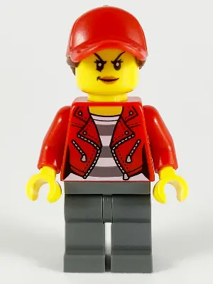 CTY1147:  Police - City Bandit Crook, Red Jacket, Red Ball Cap with Reddish Brown Ponytail, Dark Bluish Gray Legs