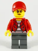Minifigurka: CTY1147:  Police - City Bandit Crook, Red Jacket, Red Ball Cap with Reddish Brown Ponytail, Dark Bluish Gray Legs