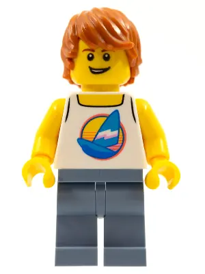 CTY1149:  Surfer - Male, White Tank Top with Dark Azure Sailboat, Sand Blue Legs, Dark Orange Tousled Hair