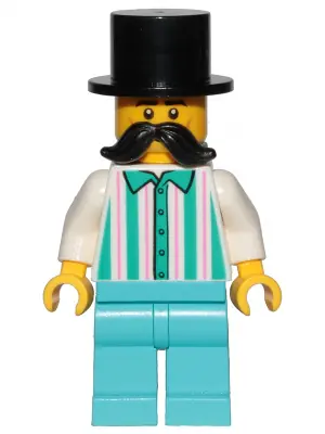 CTY1150:  Fairground Employee, Male - Black Top Hat, Moustache, White Shirt with Stripes, Medium Azure Legs