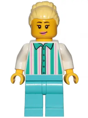 CTY1151:  Fairground Employee, Female - Bright Light Yellow Hair with High Bun, White Shirt with Stripes, Medium Azure Legs