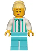 Minifigurka: CTY1151:  Fairground Employee, Female - Bright Light Yellow Hair with High Bun, White Shirt with Stripes, Medium Azure Legs