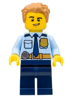 CTY1158:  Police - City Officer Shirt with Dark Blue Tie and Gold Badge, Dark Tan Belt with Radio, Dark Blue Legs, Medium Nougat Tousled Hair