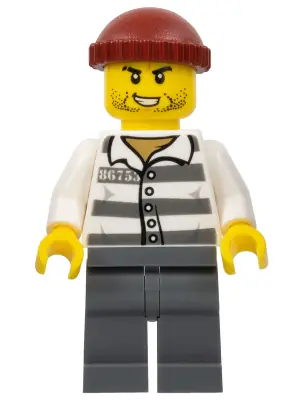CTY1159:  Police - Jail Prisoner 86753 Prison Stripes, Dark Red Knit Cap, Scar, and Stubble
