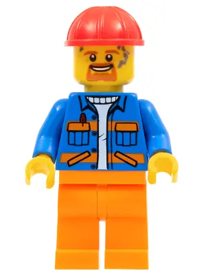CTY1161:  Blue Jacket with Diagonal Lower Pockets and Orange Stripes, Orange Legs, Red Construction Helmet