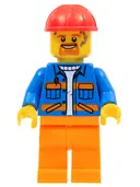 Minifigurka: CTY1161:  Blue Jacket with Diagonal Lower Pockets and Orange Stripes, Orange Legs, Red Construction Helmet