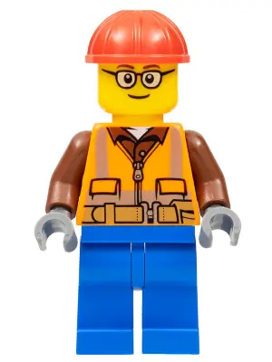CTY1162:  Construction Worker - Male, Orange Safety Vest, Reflective Stripes, Reddish Brown Shirt, Blue Legs, Red Construction Helmet, Glasses
