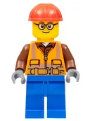 Minifigurka: CTY1162:  Construction Worker - Male, Orange Safety Vest, Reflective Stripes, Reddish Brown Shirt, Blue Legs, Red Construction Helmet, Glasses